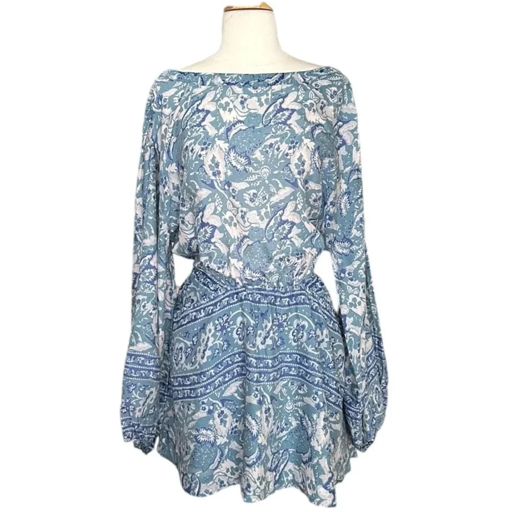 FREE PEOPLE Bohemian Mini Dress Silver Sun Cutout Blue Washed Pockets, Medium